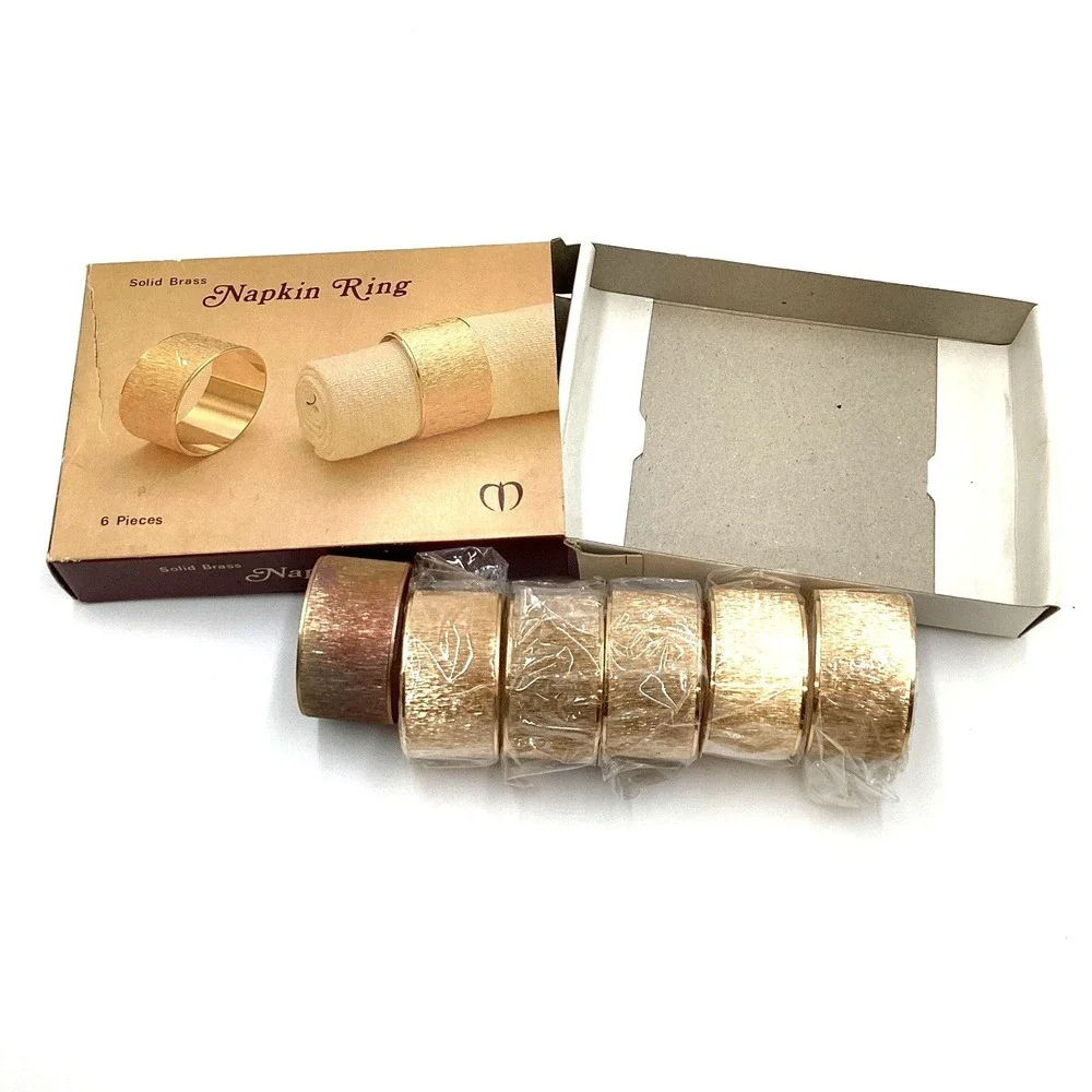 Vintage Solid Brass Napkin Rings Set of 6 Textured‎ Gold Tone M127 MCM Tableware